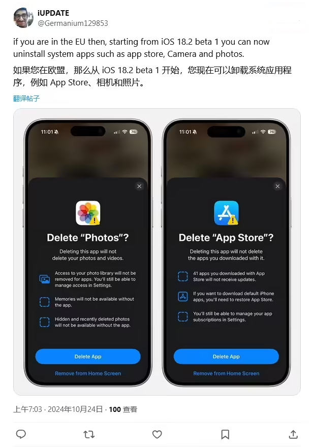 干河街道苹果手机维修分享iOS 18.2 支持删除 App Store 应用商店 