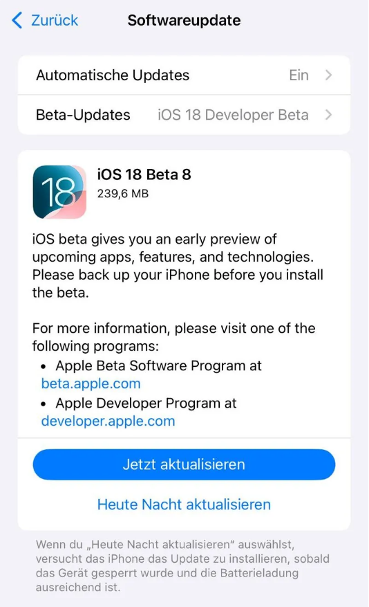 干河街道苹果手机维修分享苹果 iOS / iPadOS 18 开发者预览版 Beta 8 发布 